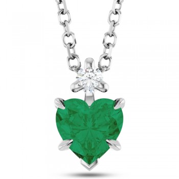 Lab Grown Emerald & Natural Diamond Heart Pendant Necklace 14K White Gold (0.43ct)