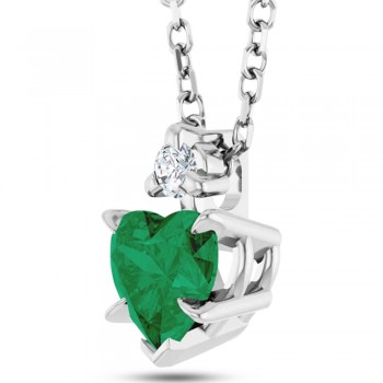 Lab Grown Emerald & Natural Diamond Heart Pendant Necklace 14K White Gold (0.43ct)