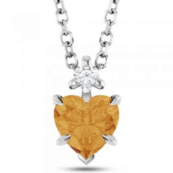 Natural Citrine &Natural Diamond Heart Pendant Necklace 14K White Gold (0.45ct)