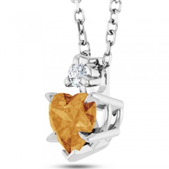 Natural Citrine &Natural Diamond Heart Pendant Necklace 14K White Gold (0.45ct)