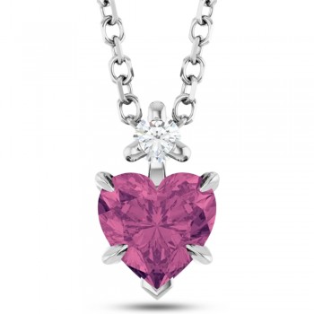 Natural Pink Tourmaline & Natural Diamond Heart Pendant Necklace 14K White Gold (0.49ct)