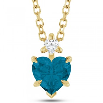 Natural London Blue Topaz & Natural Diamond Heart Pendant Necklace 14K Yellow Gold (0.60ct)