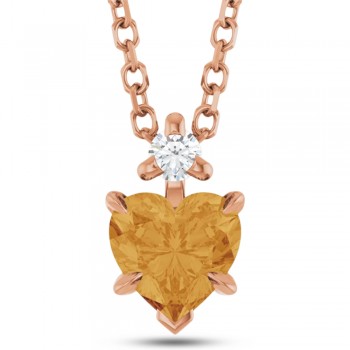 Natural Citrine &Natural Diamond Heart Pendant Necklace 14K Rose Gold (0.45ct)