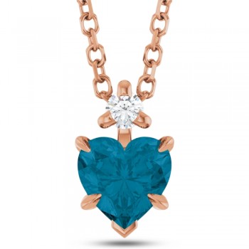 Heart Natural London Blue Topaz & Natural Diamond Pendant Necklace 14K Rose Gold (0.60ct)