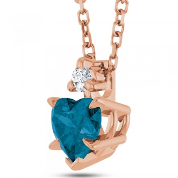 Natural London Blue Topaz & Natural Diamond Heart Pendant Necklace 14K Rose Gold (0.60ct)