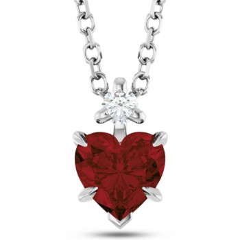 Natural Mozambique Garnet & Natural Diamond Heart Pendant Necklace 14K White Gold (0.63ct)
