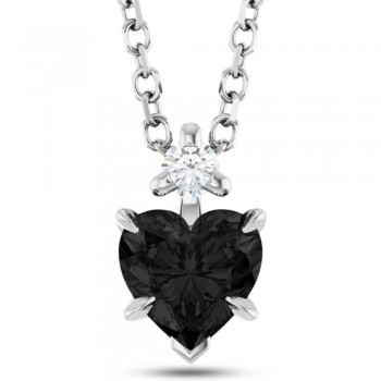 Natural Black Onyx & Natural Diamond Heart Pendant Necklace 14K White Gold (0.38ct)