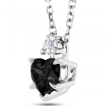 Natural Black Onyx & Natural Diamond Heart Pendant Necklace 14K White Gold (0.38ct)