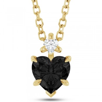 Natural Black Onyx & Natural Diamond Heart Pendant Necklace 14K Yellow Gold (0.38ct)