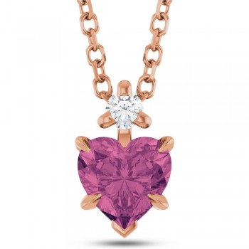 Natural Pink Tourmaline & Natural Diamond Heart Pendant Necklace 14K Rose Gold (0.49ct)