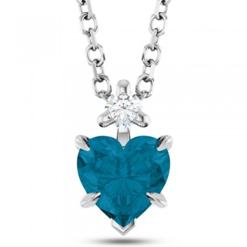 Natural London Blue Topaz & Natural Diamond Heart Pendant Necklace 14K White Gold (0.60ct)