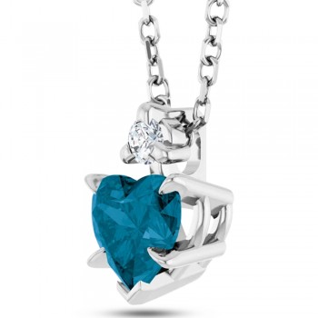 Heart Natural London Blue Topaz & Natural Diamond Pendant Necklace 14K White Gold (0.60ct)