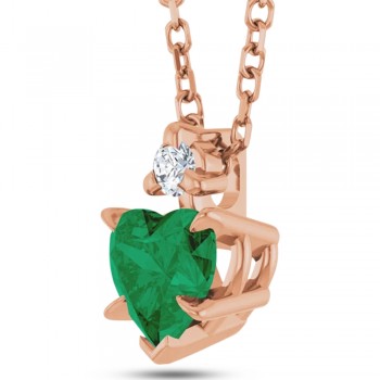 Lab Grown Emerald & Natural Diamond Heart Pendant Necklace 14K Rose Gold (0.43ct)
