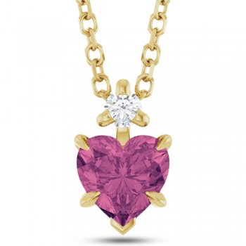 Natural Pink Tourmaline & Natural Diamond Heart Pendant Necklace 14K Yellow Gold (0.49ct)