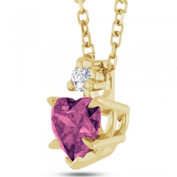 Natural Pink Tourmaline & Natural Diamond Heart Pendant Necklace 14K Yellow Gold (0.49ct)