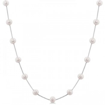 Cultured Freshwater Pearl Station Necklace 14K White Gold 5.5-6mm