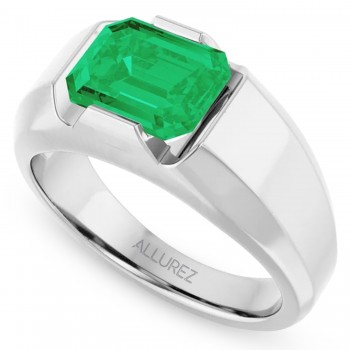 Lab Grown Emerald Cut Solitaire Men's Emerald Ring 14K White Gold (3.00ct)
