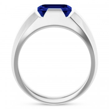 Lab Grown Emerald Cut Solitaire Men's Blue Sapphire Ring 14K White Gold (4.48ct)
