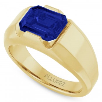 Lab Grown Emerald Cut Solitaire Men's Blue Sapphire Ring 14K Yellow Gold (4.48ct)