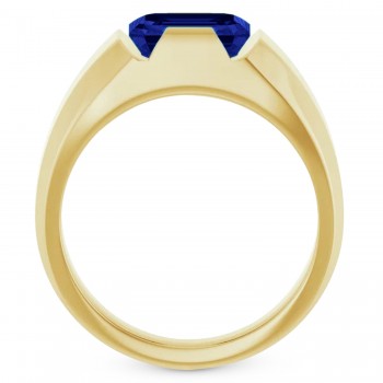 Lab Grown Emerald Cut Solitaire Men's Blue Sapphire Ring 14K Yellow Gold (4.48ct)
