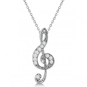 Women's Diamond Musical Note Pendant Necklace 14k White Gold 0.11ct