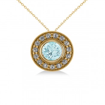 Round Aquamarine & Diamond Halo Pendant Necklace 14k Yellow Gold (1.76ct)