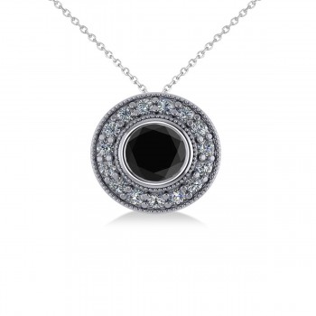 Round Black Diamond & Diamond Halo Pendant Necklace 14k White Gold (1.45ct)