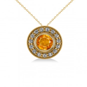 Round Citrine & Diamond Halo Pendant Necklace 14k Yellow Gold (1.55ct)