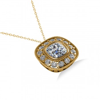 Diamond Halo Cushion Pendant Necklace 14k Yellow Gold (1.26ct)