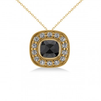 Black Diamond & Diamond Halo Cushion Pendant Necklace 14k Yellow Gold (1.26ct)