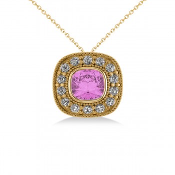 Pink Sapphire & Diamond Halo Cushion Pendant Necklace 14k Yellow Gold (1.62ct)
