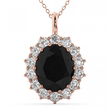 Oval Black Diamond & Diamond Halo Pendant Necklace 14k Rose Gold (6.40ct)