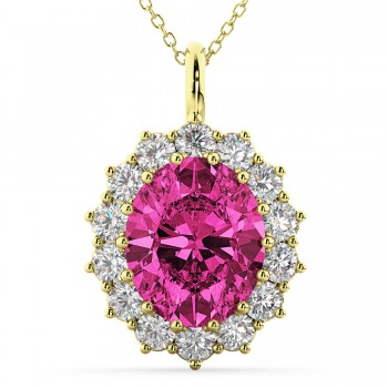 Oval Pink Tourmaline & Diamond Halo Pendant Necklace 14k Yellow Gold (6.40ct)