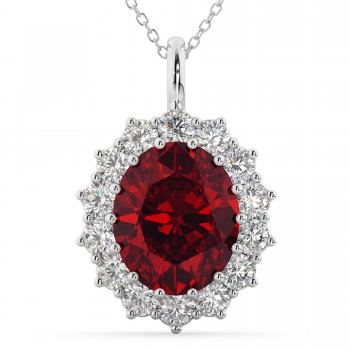 Oval Ruby & Diamond Halo Pendant Necklace 14k White Gold (6.40ct)