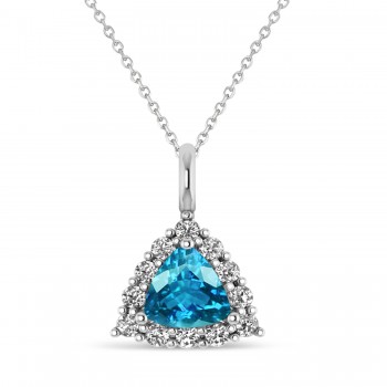 Diamond & Blue Topaz Trillion Cut Pendant Necklace 14k White Gold (1.6ct)