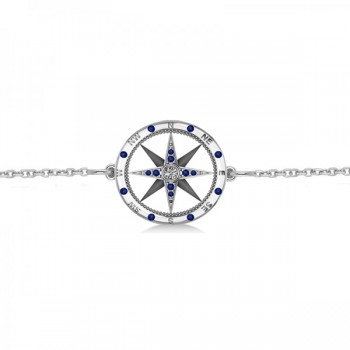 Blue Sapphire & Diamond Nautical Compass Bracelet 14k White Gold (0.19ct)