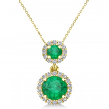 Two Stone Emerald & Halo Diamond Necklace 14k Yellow Gold (1.50ct)