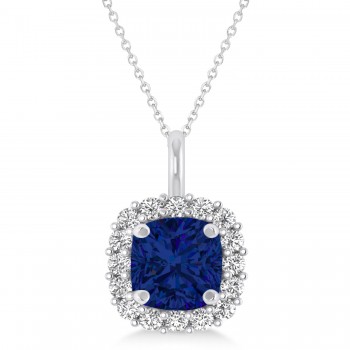 Cushion Cut Blue Sapphire & Diamond Halo Pendant 14k White Gold (0.92ct)