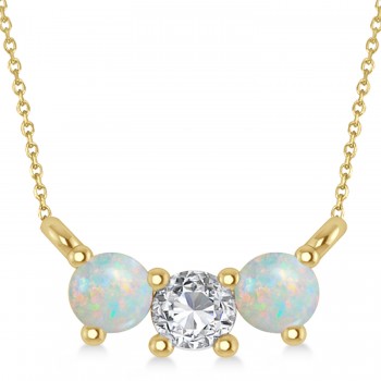 Three Stone Diamond & Opal Pendant Necklace 14k Yellow Gold (0.45ct)