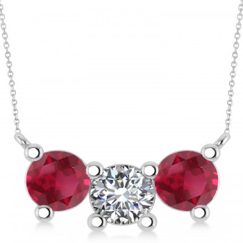 Three Stone Diamond & Ruby Pendant Necklace 14k White Gold (3.00ct)