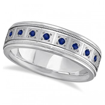 Blue Sapphire Ring for Men Wedding Band 14k White Gold (0.80ct)