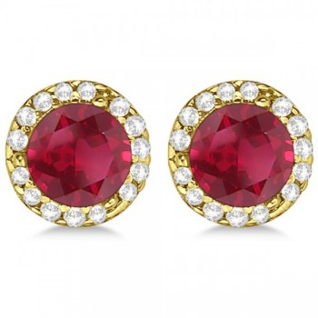 Lab Grown Diamond and Lab Ruby Earrings Halo 14K Yellow Gold (1.15ct)