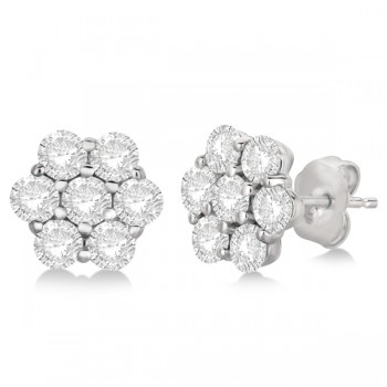 Flower Shaped Diamond Cluster Stud Earrings 14K White Gold (3.50ct)