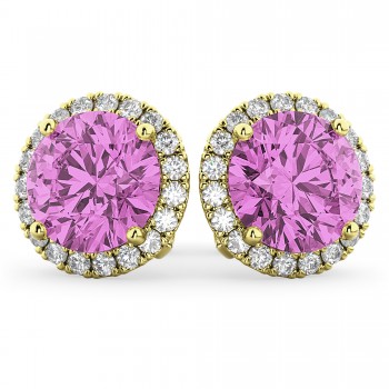 Halo Round Pink Sapphire & Diamond Earrings 14k Yellow Gold (5.17ct)