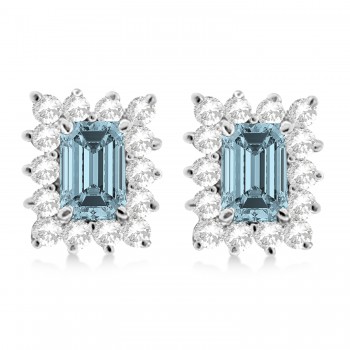 Emerald-Cut Aquamarine & Diamond Stud Earrings 14k White Gold (1.80ctw)