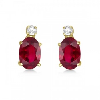 Oval Ruby Stud Earrings with Diamonds 14k Yellow Gold 0.43ct