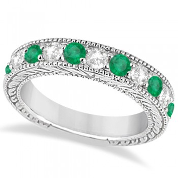Antique Diamond & Emerald Wedding Ring Band 18k White Gold (1.28ct)