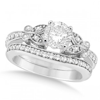 Round Diamond Butterfly Design Bridal Ring Set Platinum (0.76ct)