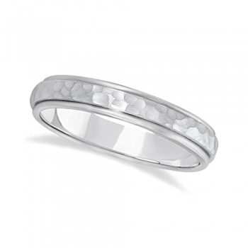 Satin Hammered Finished Carved Wedding Ring Band 14k White Gold (4mm)