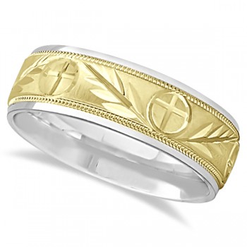 Men's Christian Leaf and Cross Wedding Band 18k Two Tone Gold (7mm)